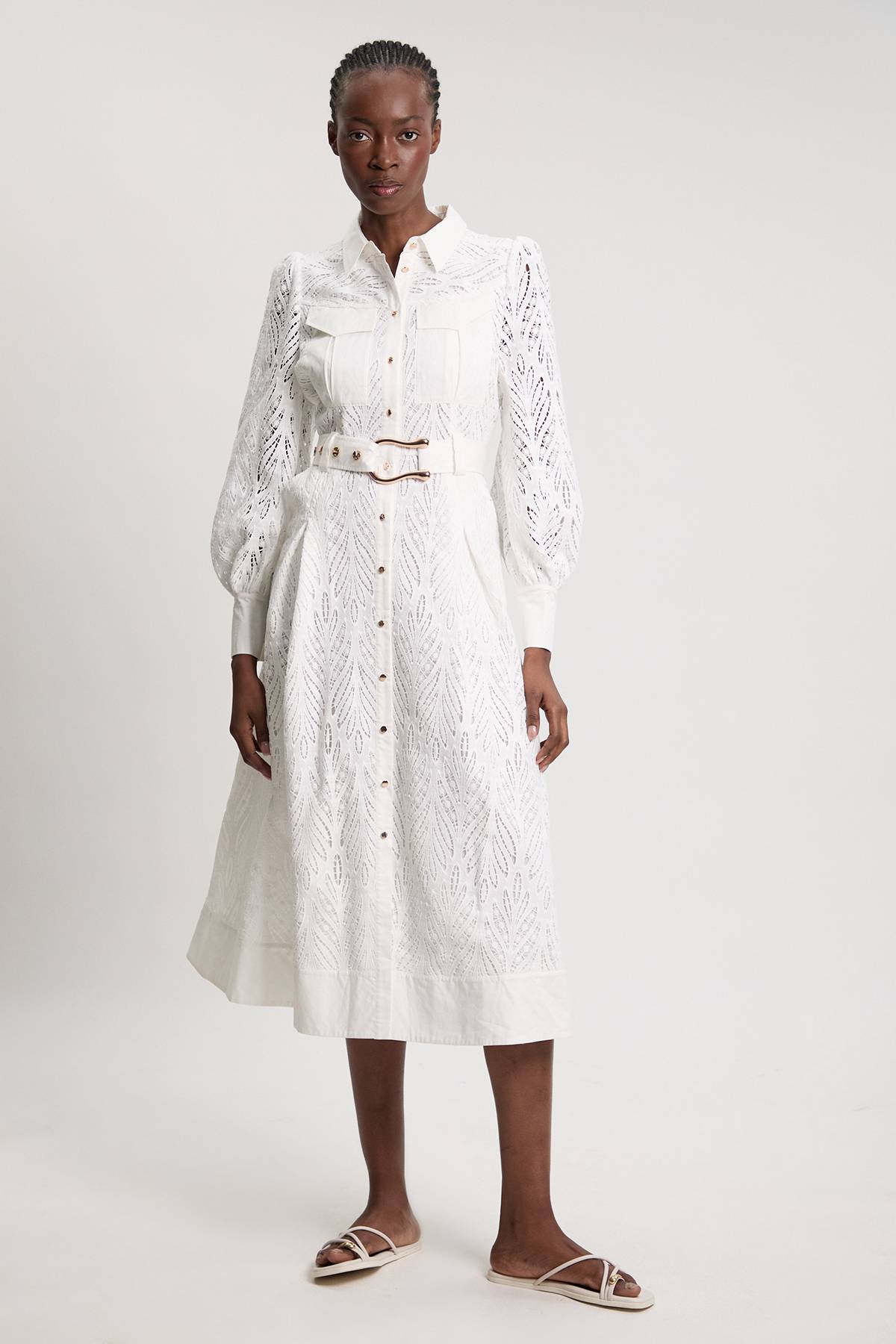 KarenMillen Robe Chemise Midi En Coton Tissé Avec Broderie Ajourée