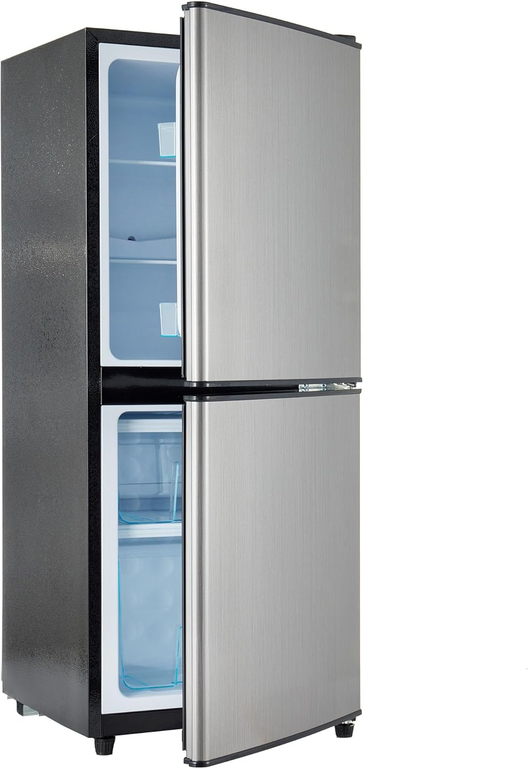 Merax zweitürig Kühlschrank Kühl-Gefrier-Kombination mit 106L Gesamtvolumen, 42,5x44,5x102,0cm, 46L Gefriervolumen, 120 kWh/Jahr, -25°C ~10°C, 45dB, LED-Licht/Silber