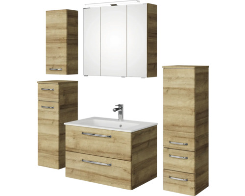 Pelipal Kumba badkamermeubelset (B x H x D): 137 x 200 x 50 cm, frontkleur: Riviera eiken, 5-delige set inclusief witte gegoten mineraalwastafel, halfhoge kast, onderkast en bovenkast (99.770126473)