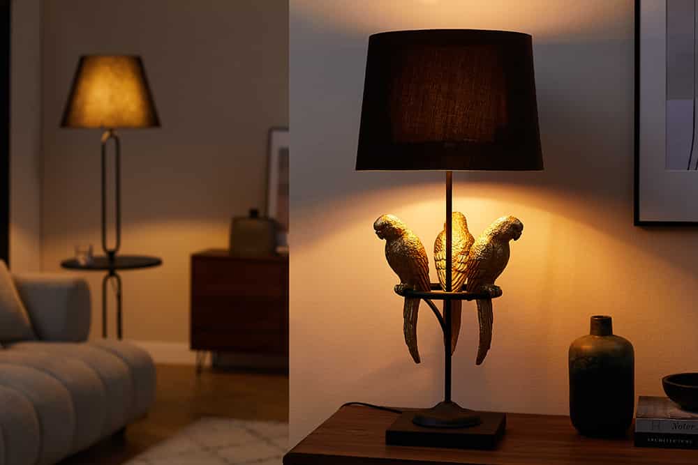 Design Tischlampe WILDLIFE 75cm schwarz gold rund Papagei Skulpturen mit Marmor-Fuß