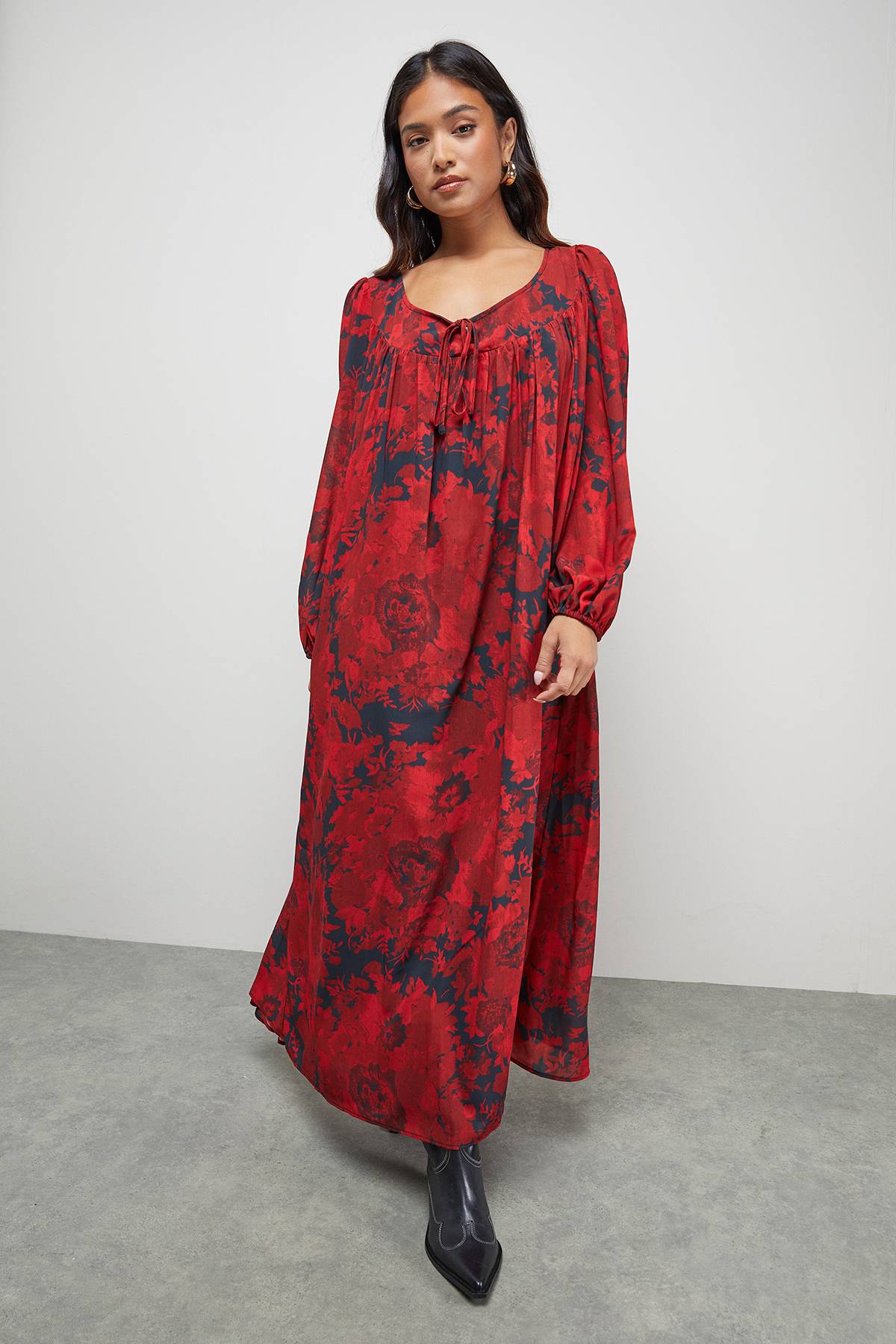 Warehouse Robe Midi Smock en Mousseline à Nouer Devant et Manches Volumineuses Petite Taille