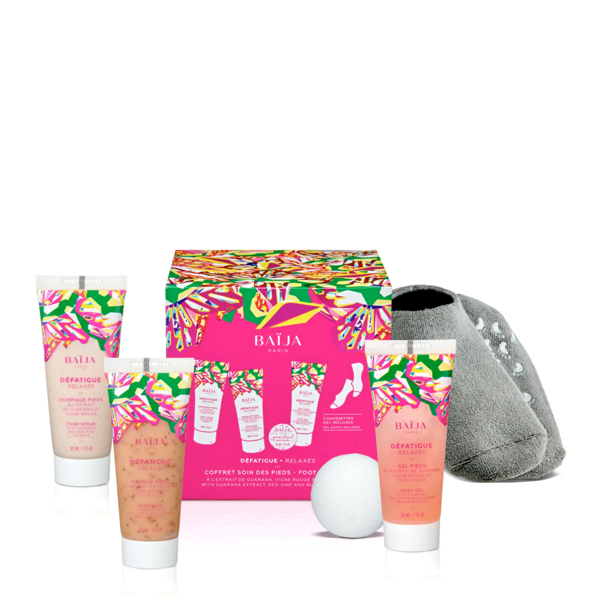 Baïja - Coffret Soin des Pieds Défatiguant Bombe de Bain, Gommage Pieds, Masque Pieds, Gel Pieds & Paire de Chaussettes- Femme