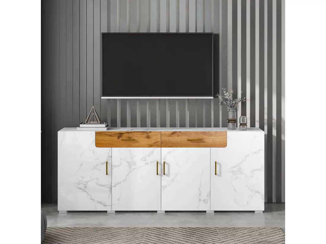 Buffet blanc effet marbre 4 portes 2 tiroirs 208x39,5x80cm ELAD