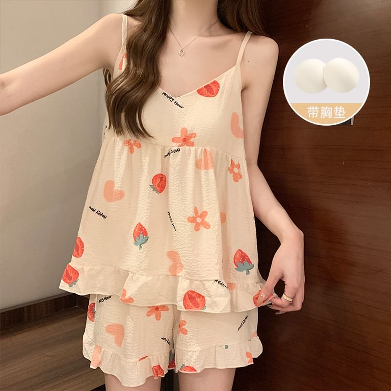 Dazzli - Pyjamaset: Top met gebloemde ruches en camisole + shorts
