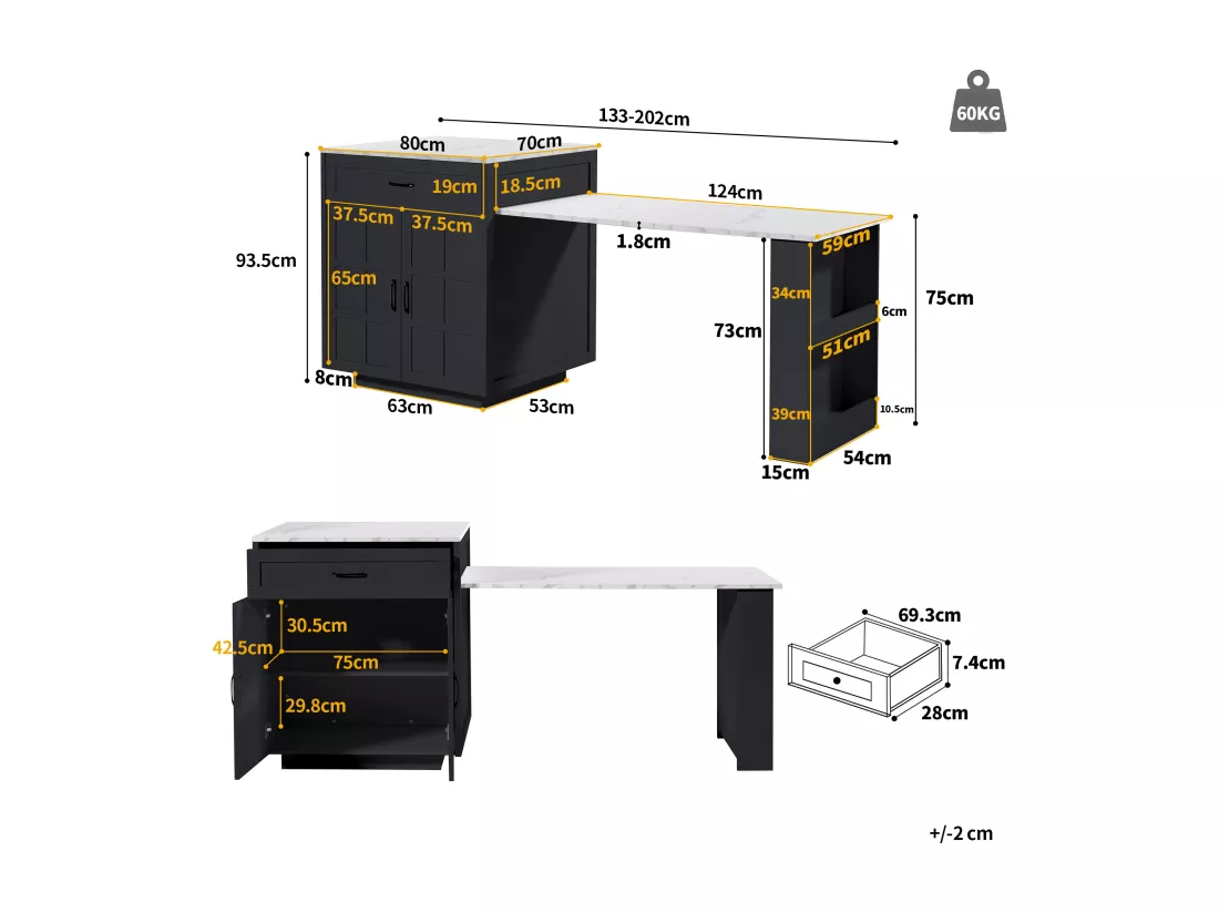 Ilot central de cuisine avec 2 portes et 2 tiroirs - Plateau extensible - Comptoirs en marbre artificiel - 133(202)x59x93.5 cm - 2 à 6 personnes - Noir +Blanc