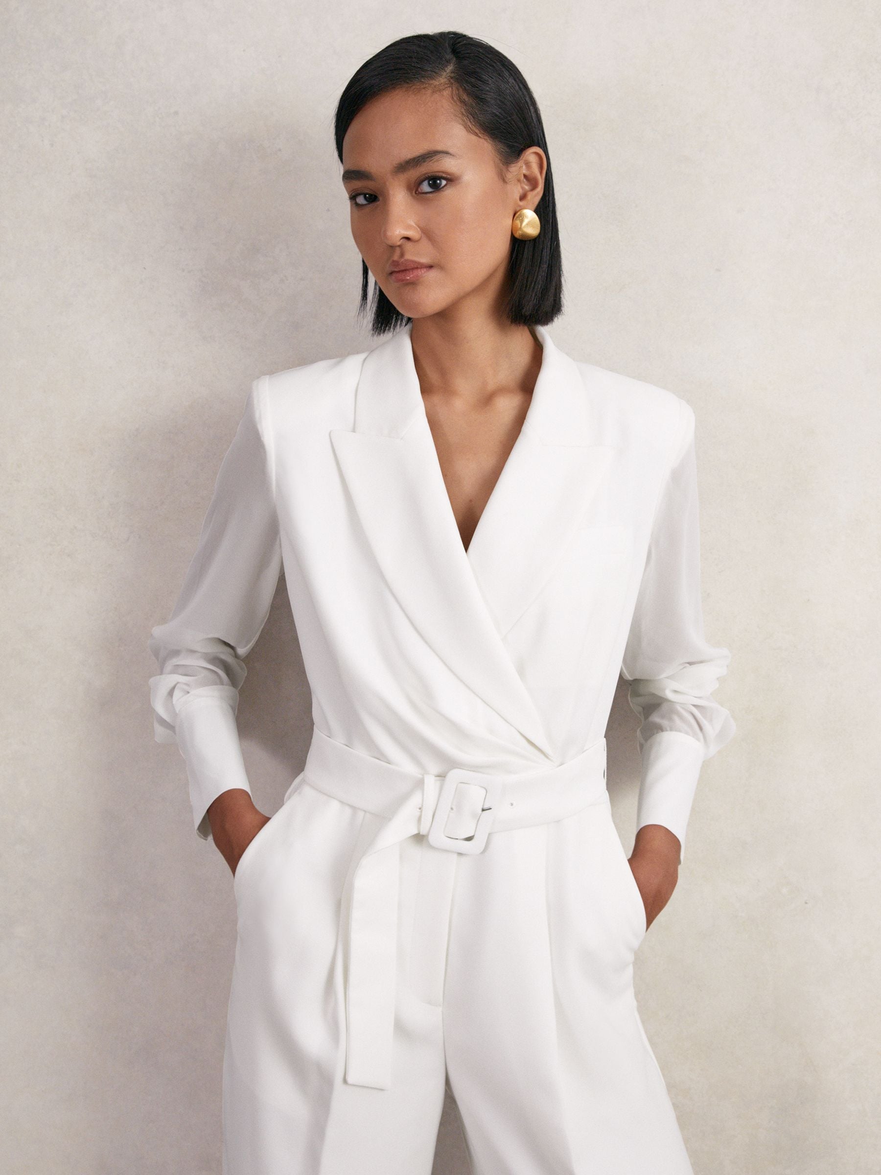 Reiss Flora Sheer-Sleeve Wide-Leg Tuxedo Jumpsuit