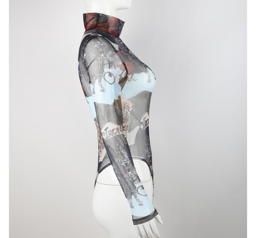Bulgaris - Bodytop met lange mouwen en grafische print en doorschijnende hals