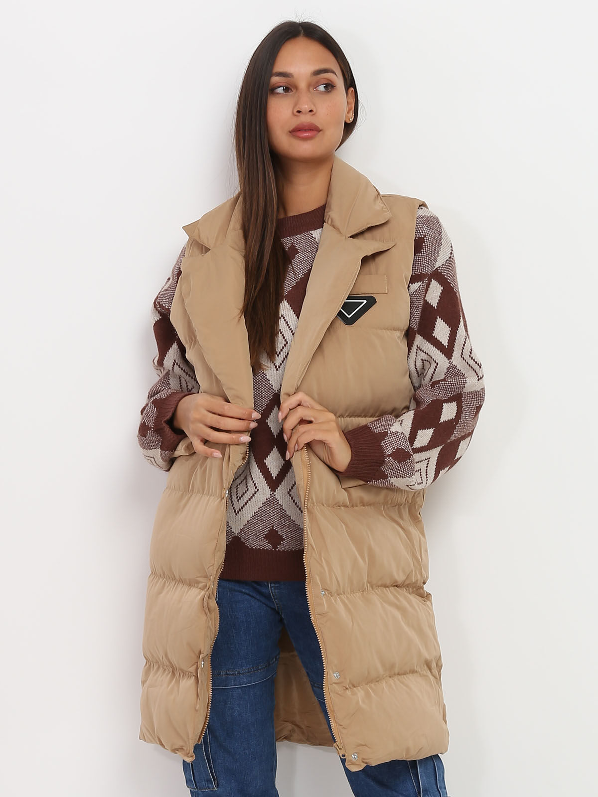Doudoune sans manches avec ceinture- Camel
