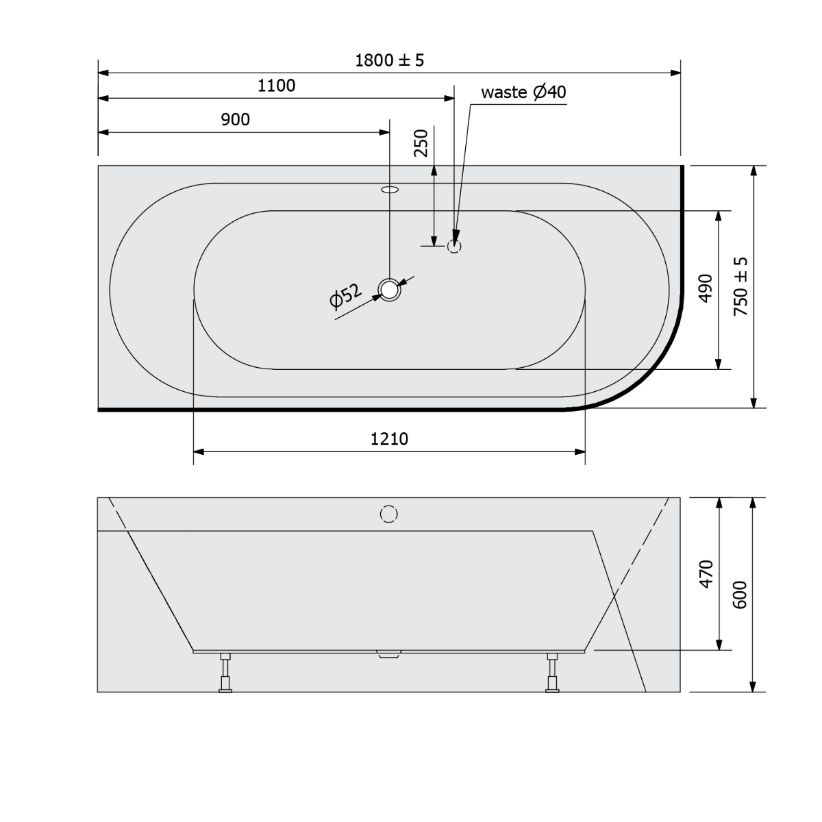 Polysan Monolith ligbad links 180x75x60cm wit