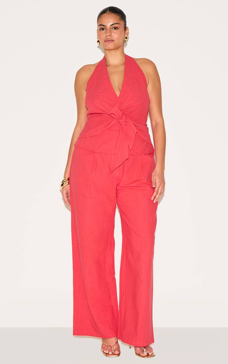 Rouge Ensemble Coordonné Pantalon En Lin À Plis Piqués Grande Taille
