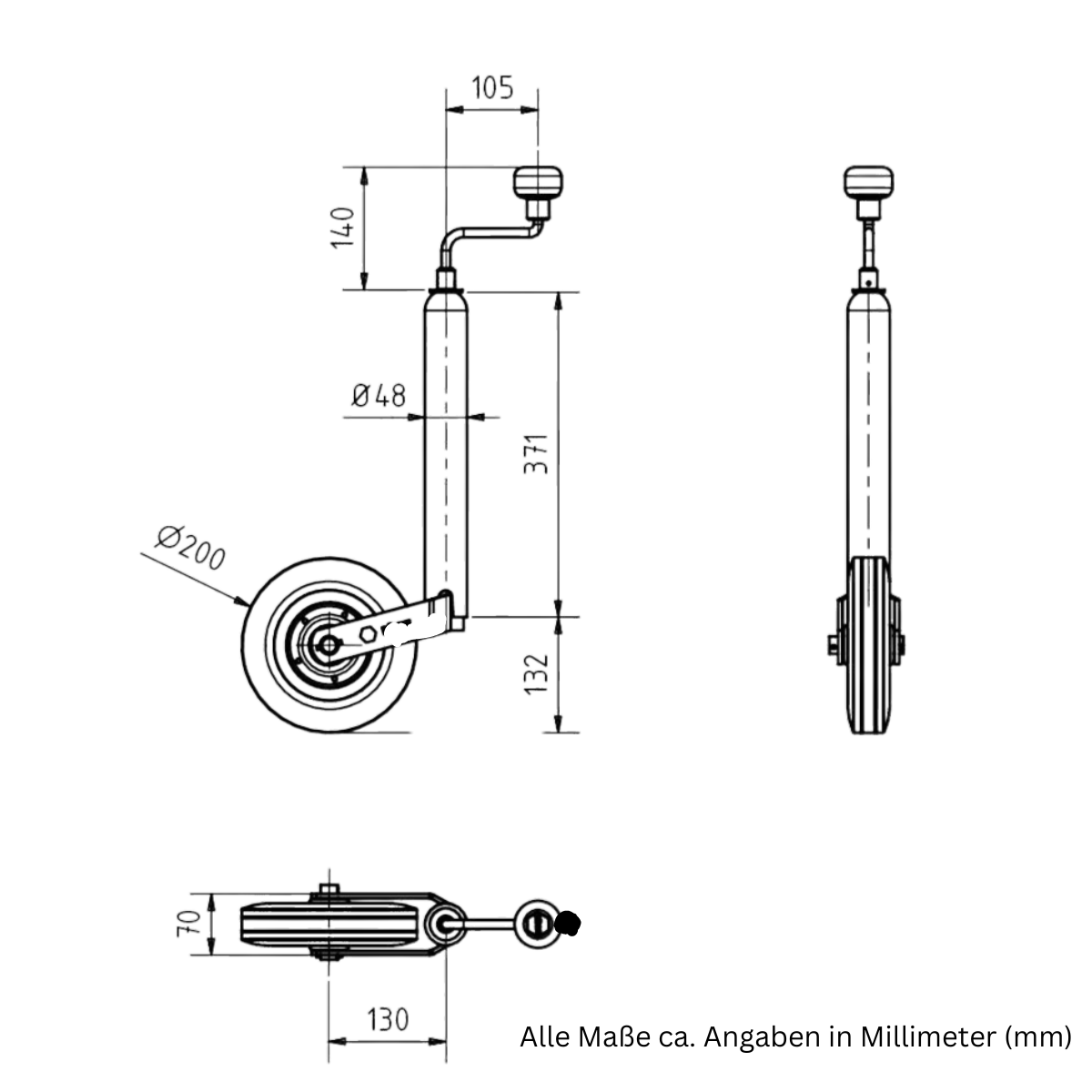 Aanhangwagensteunwiel 150kg incl. klembeugel Ø48mm & bevestigingsmateriaal