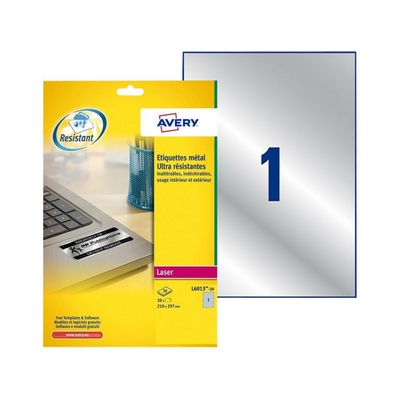 Avery - 20 Étiquettes ultra résistantes métalliques - A4 - Impression laser - réf L6013-20