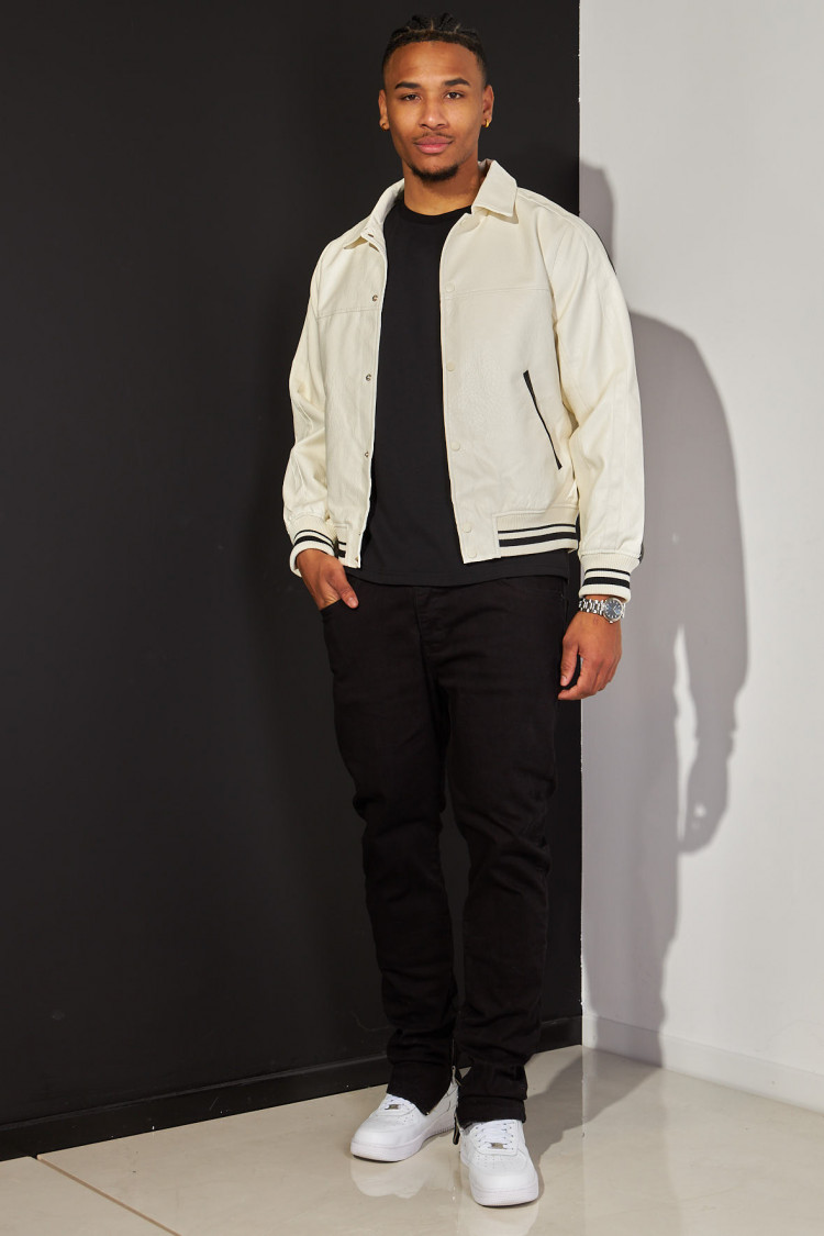 Bomber écru et noir en simili cuir
