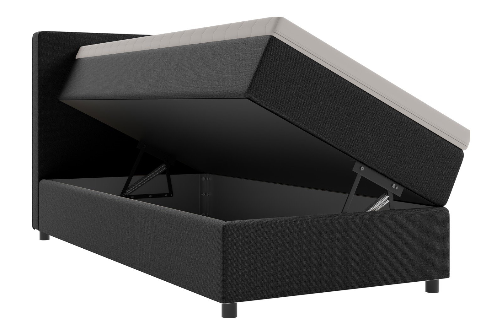 Premium 10 oppbevaringsseng 120x200 cm Magasinseng med oppbevaring, åpnes fra siden. I tekstil terranova 1 sort, med fast fasthetsgrad og premium 10 overmadrass,sorte ben. Sengegavl selges separat.