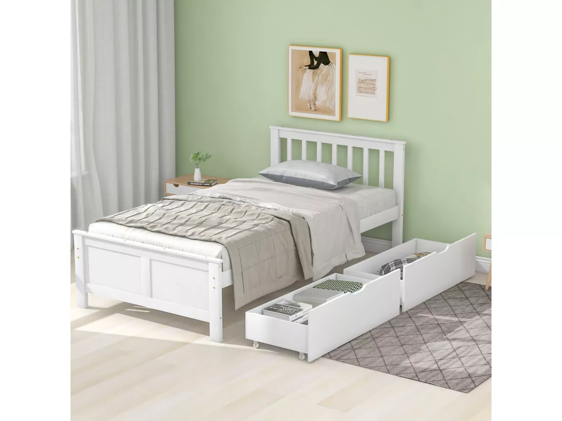 Lit simple en bois 90 x 200 cm pour jeune et adulte. avec tiroirs. structure en Pin. Blanc