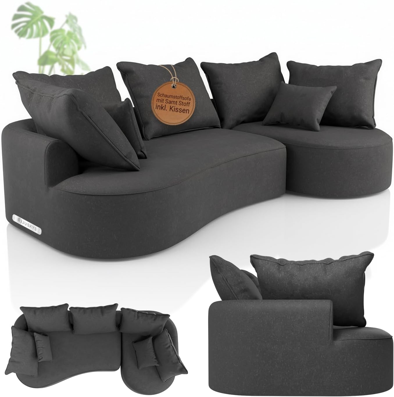 Juskys Sofa Tirano - Samt Grau, Ecksofa mit L-Form, mit Rücken- & Dekokissen, 4-Sitzer Eckcouch, Schaumstoff - Ottomane rechts
