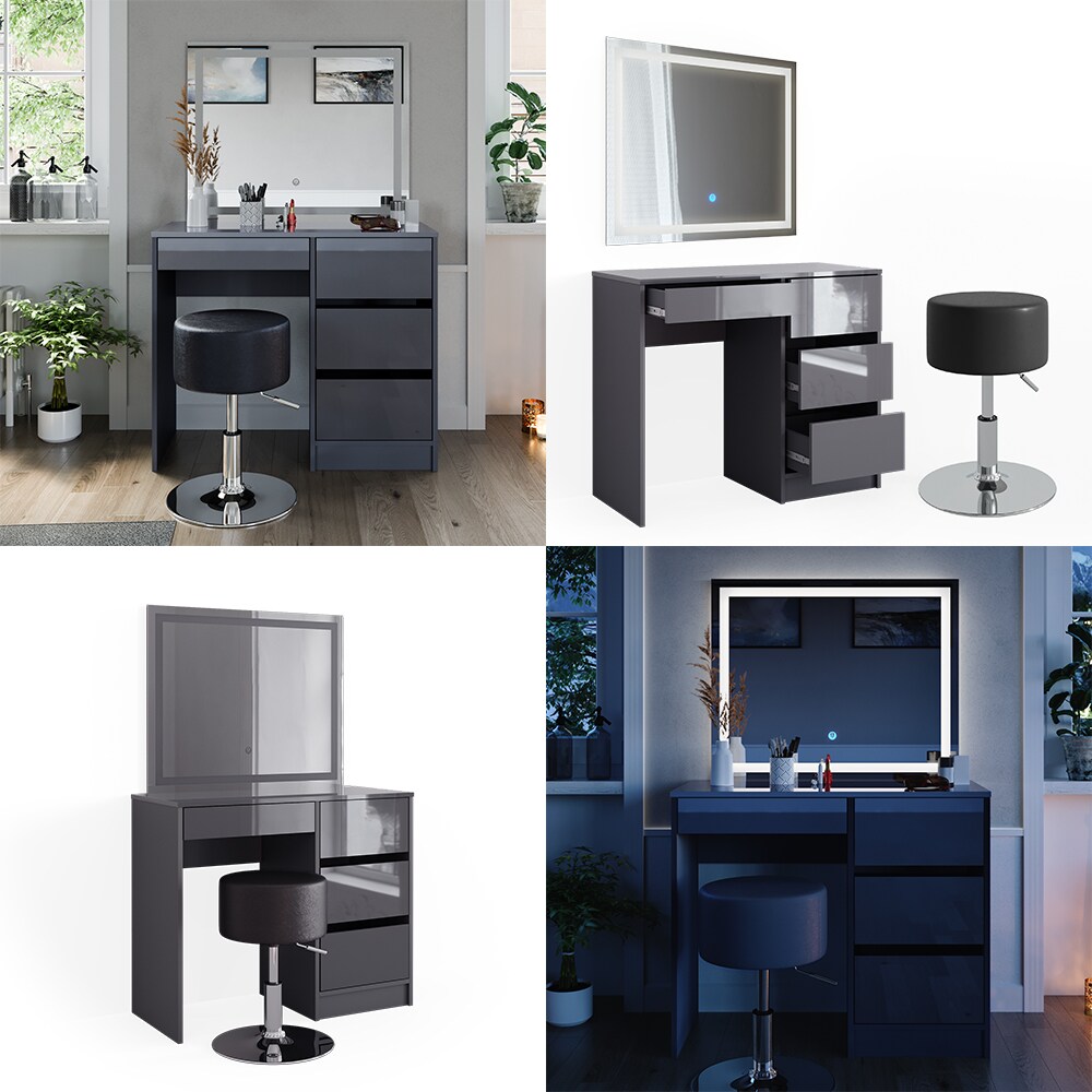 Vicco Schminktisch Sherry Anthrazit Hochglanz 90 x 75 cm LED-Spiegel & Hocker