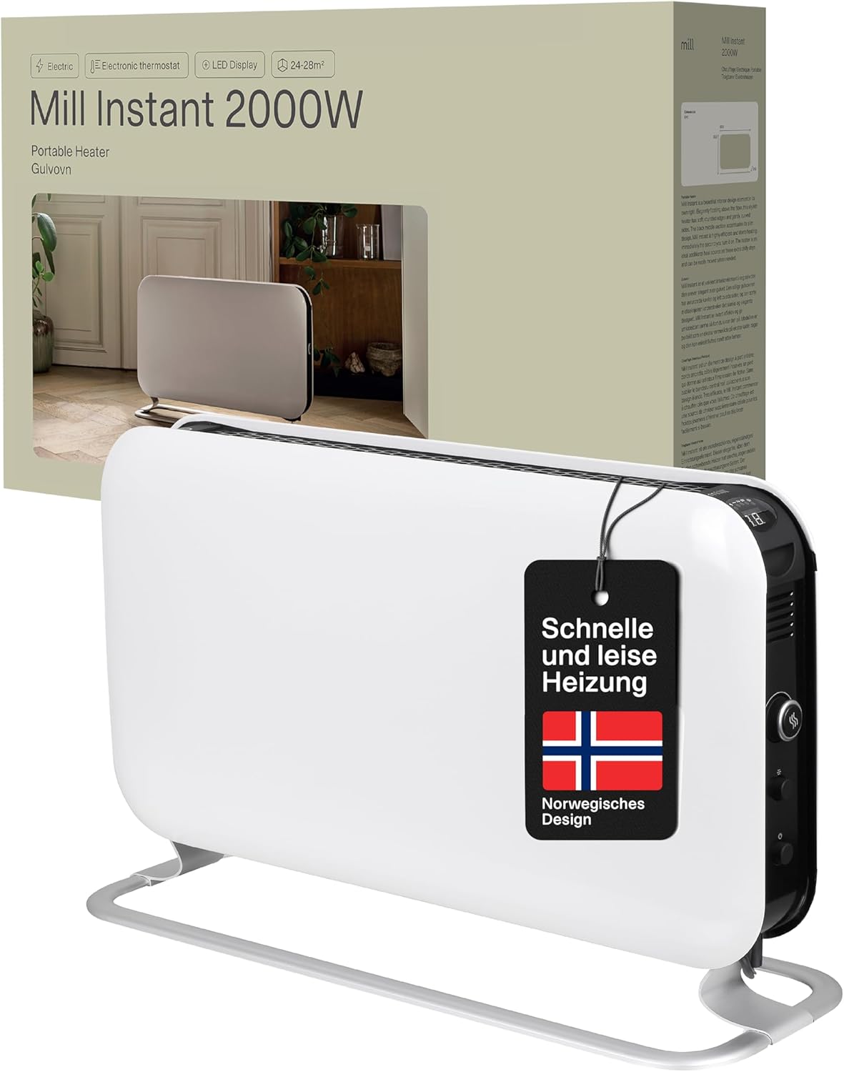 Mill Elektro Heizkörper 2000W, Konvektor Heizung elektrisch 24-28m² freistehende Elektroheizung, leise elektrische Heizung, Elektroheizkörper mit LED Anzeige Electric Heater Heizgeräte für Innenräume