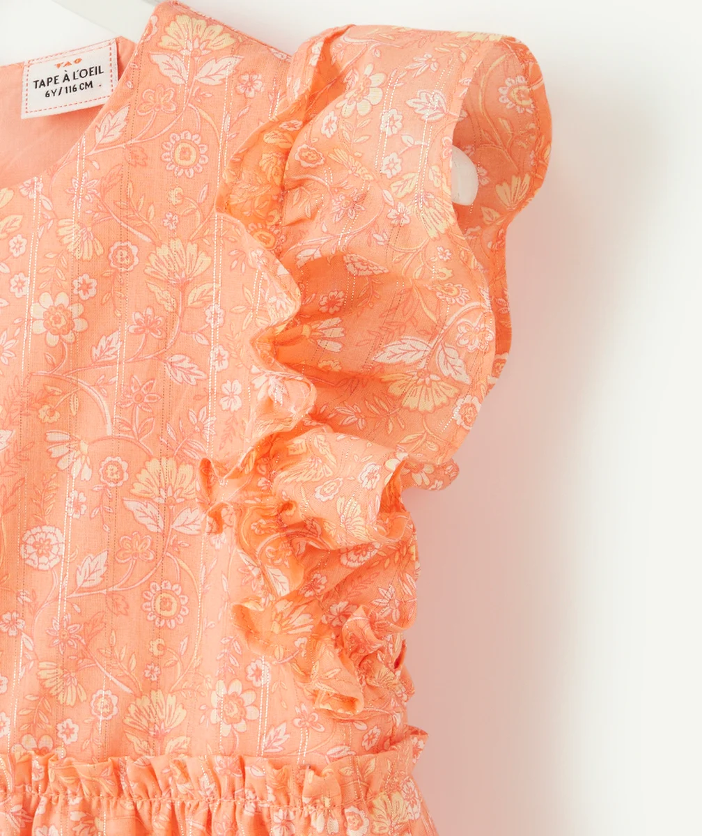 ROBE ROSE À VOLANTS FILLE IMPRIMÉ FLEURI ET LISERÉS COULEUR DORÉE