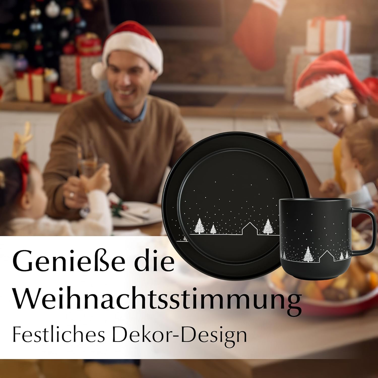 MIAMIO – Weihnachtsgeschirr 8 Personen / 24-teiliges Keramik Geschirrset schwarz matt für Weihnachten Winter – Schneelandschaft Motiv/Mikrowellen- und Spülmaschinengeeignet – Vinter Kollektion