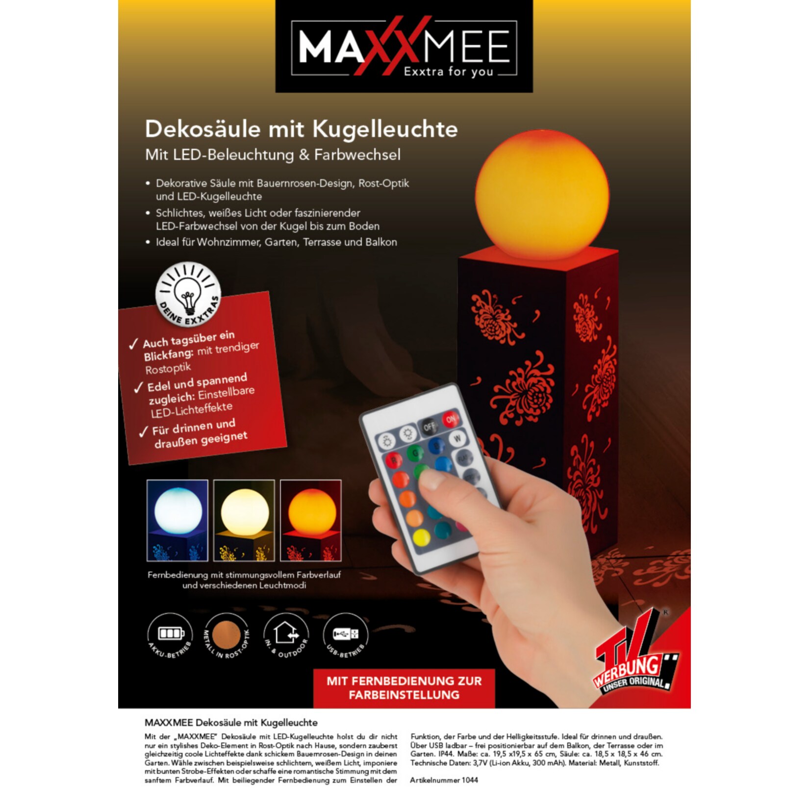 MAXXMEE LED-Dekosäule Bauernrose/Leuchtkugel 65cm 3,7V braun Rost-Optik