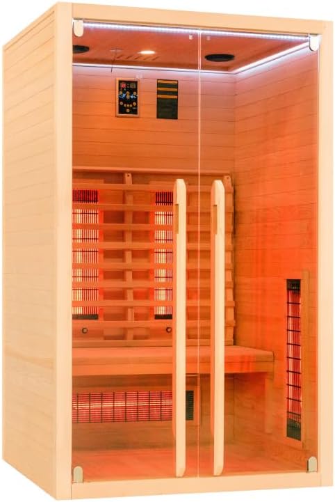 Infrarotkabine 2–3 Personen | Ganzglastür Klarglas | 120x100x195cm | Rubystrahler 1,5kW | Infrarot Sauna für Zuhause | Wärmekabine Holz natur | Fronteinstieg | Indoor Infrarotkabine