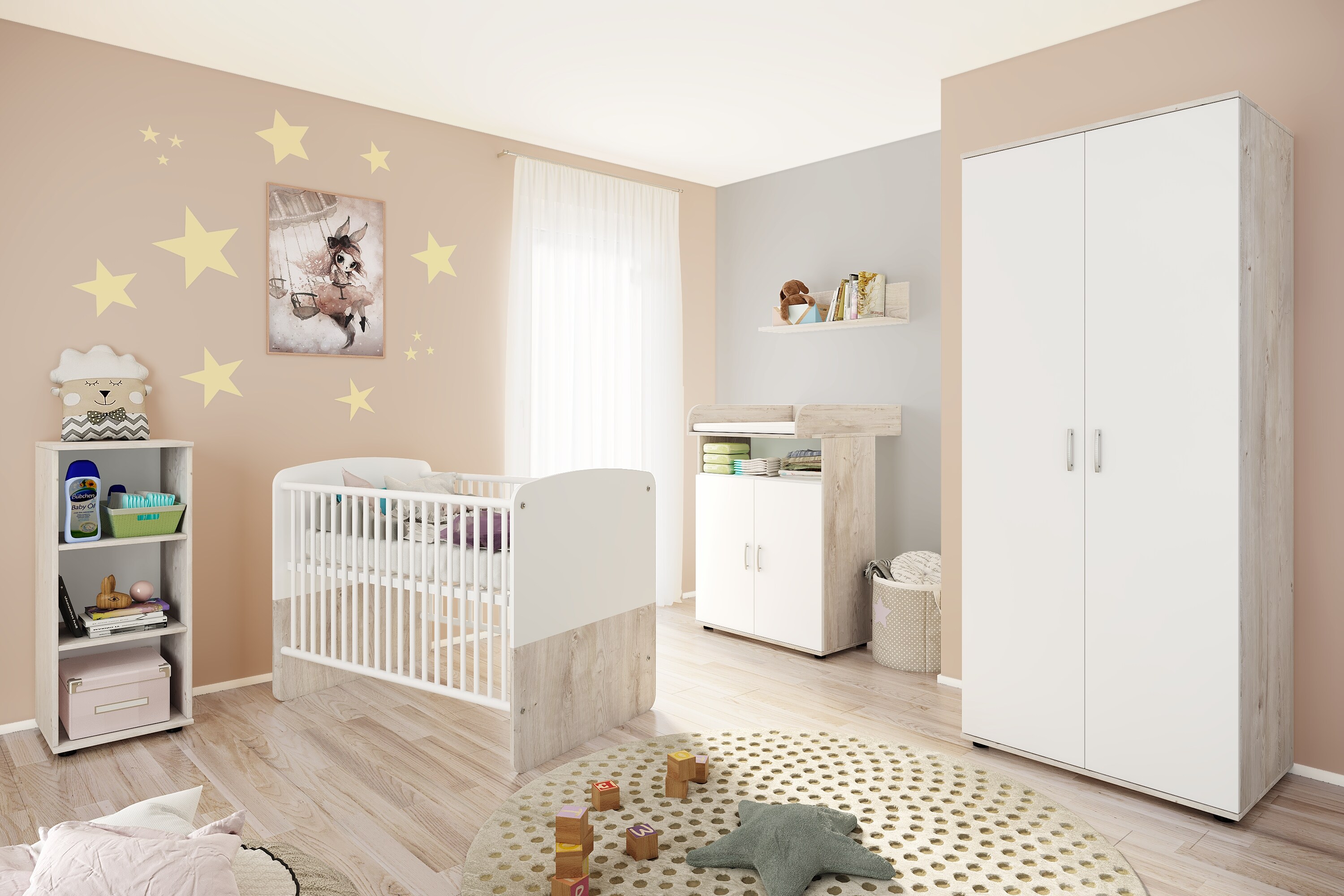 nonjoo. Babyzimmer Lani Set 4: best. aus Babybett, Kommode, Wickelaufsatz, Wandboard, Regal mit 3 Fächern und Kleiderschrank 2-trg.