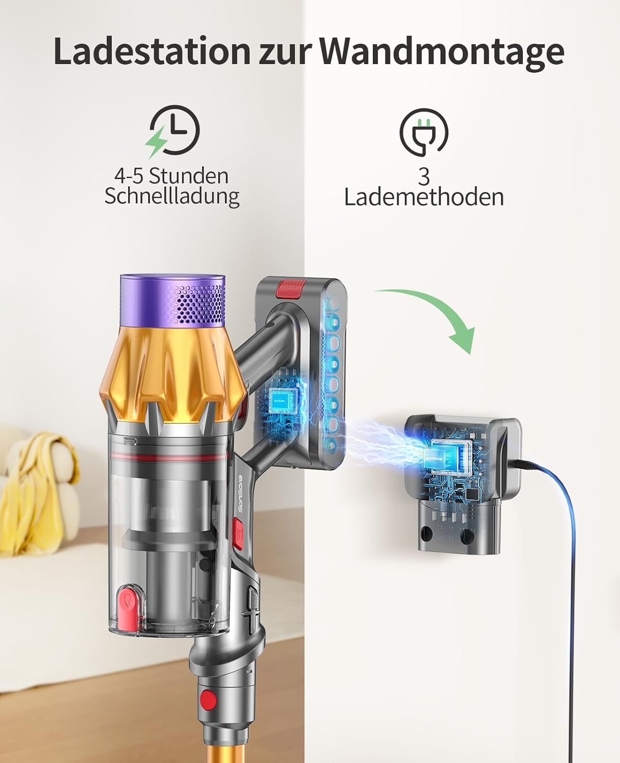 SunSare Akku Staubsauger 600W/50000Pa/65Min, Staubsauger Kabellos mit Smart Display und Ladestation, Leichter Antiverwicklung Akkusauger, Super Leise akkustaubsauger für Hartböden Teppiche Tierhaare