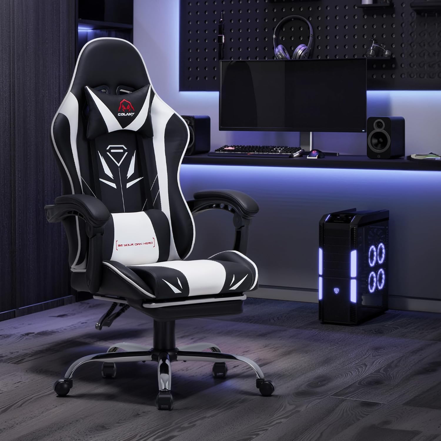 COLAMY Gaming Stuhl, Computer Stuhl mit Fußstütze und Lendenwirbelstütze, höhenverstellbarer Gaming Chair mit 360°-Drehsitz und Kopfstütze, Video Gamer PC Stuhl, Ergonomische hohe Rückenlehne, Weiß