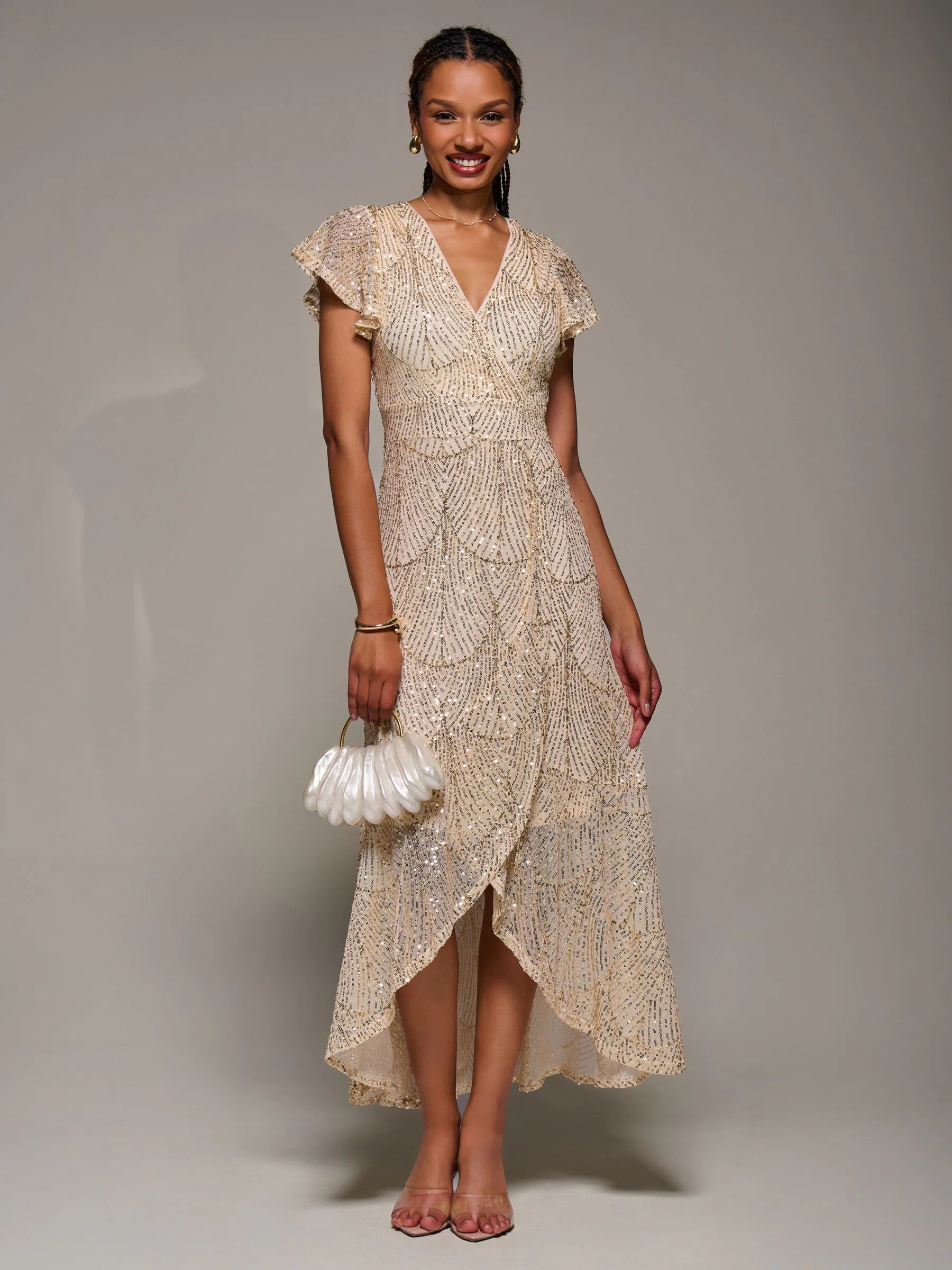 Jolie Moi Frill Short Sleeve Sequin Maxi Dress