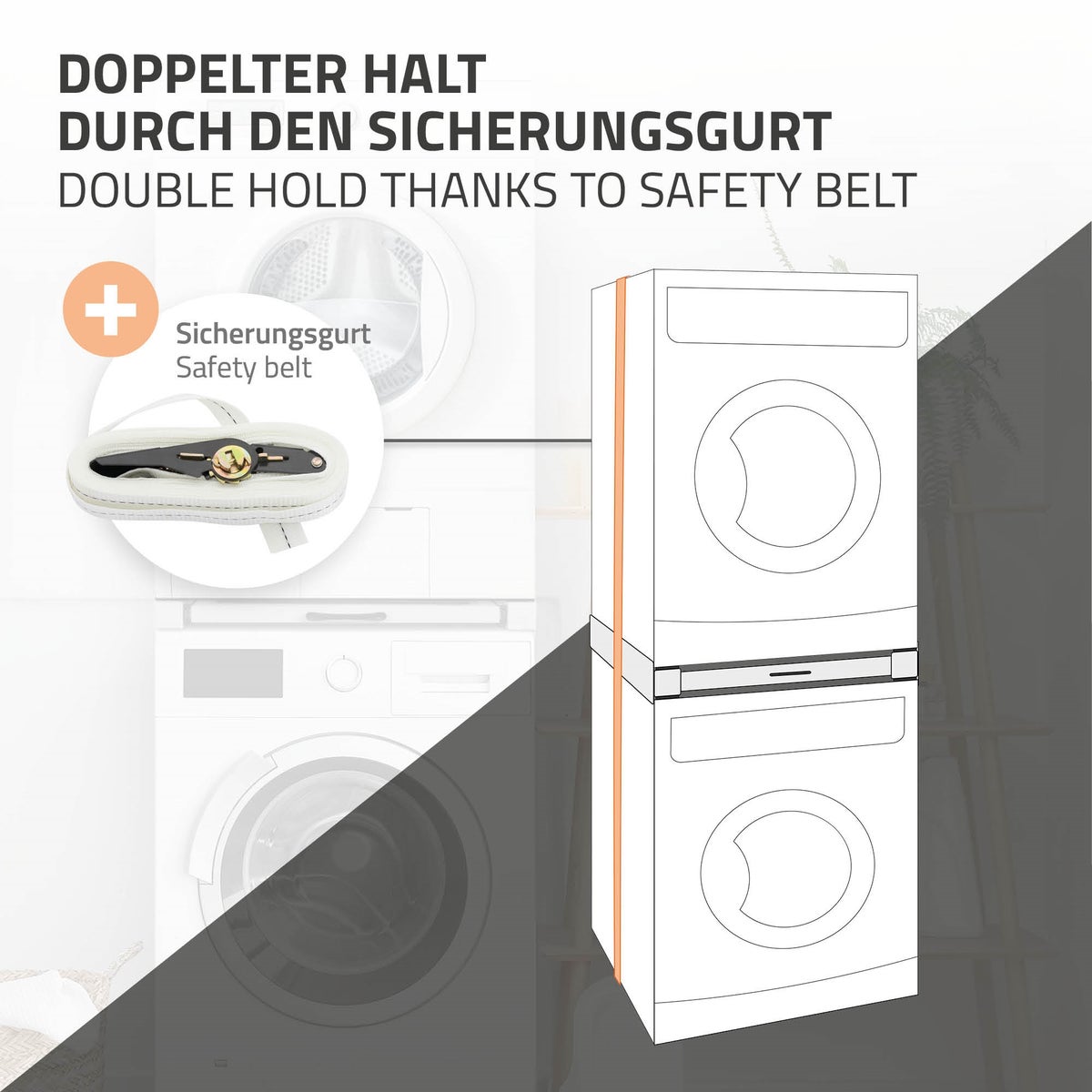ML-Design Stapelframe met waslijn, staal 60,5 x 54,5 cm wit, verbindingsframe voor wasmachine/droger, stapelkit met uitschuifbare handdoekhouder, universeel stapelframe, stapel voor droger