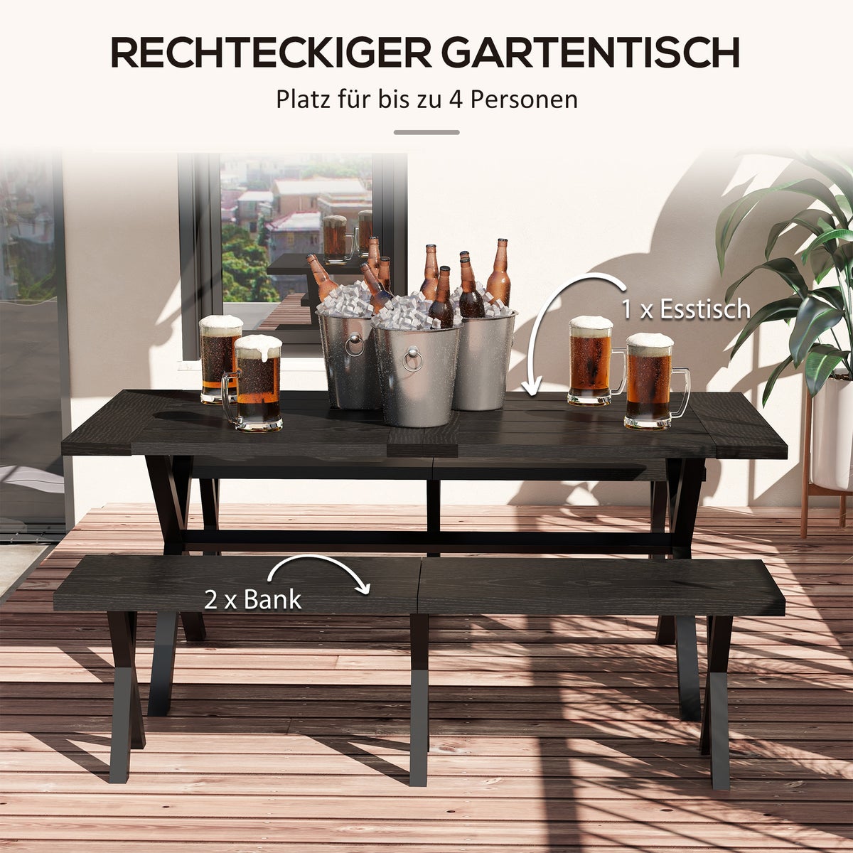 Outsunny biertuinset, 3-delig. Biertuinset met tafel, 2 stalen banken, parasolgat, 180 x 80 x 73 cm, aluminium, zwart