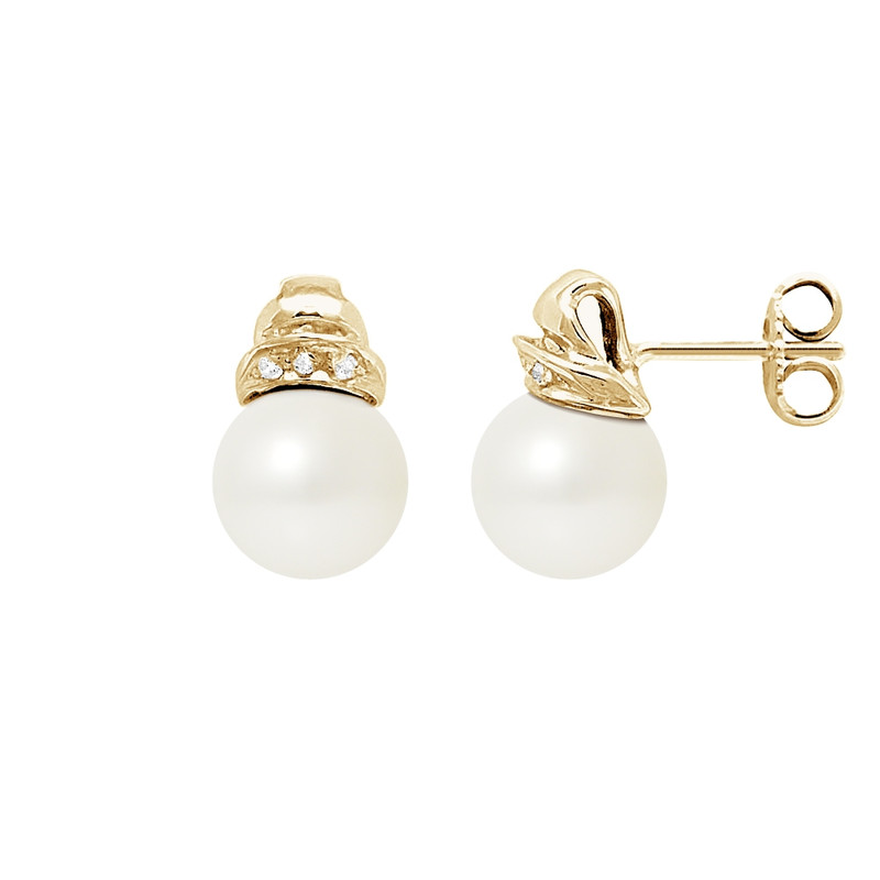 Boucles d'Oreilles Perles de Culture Blanches, Diamants et Or Jaune 750/1000