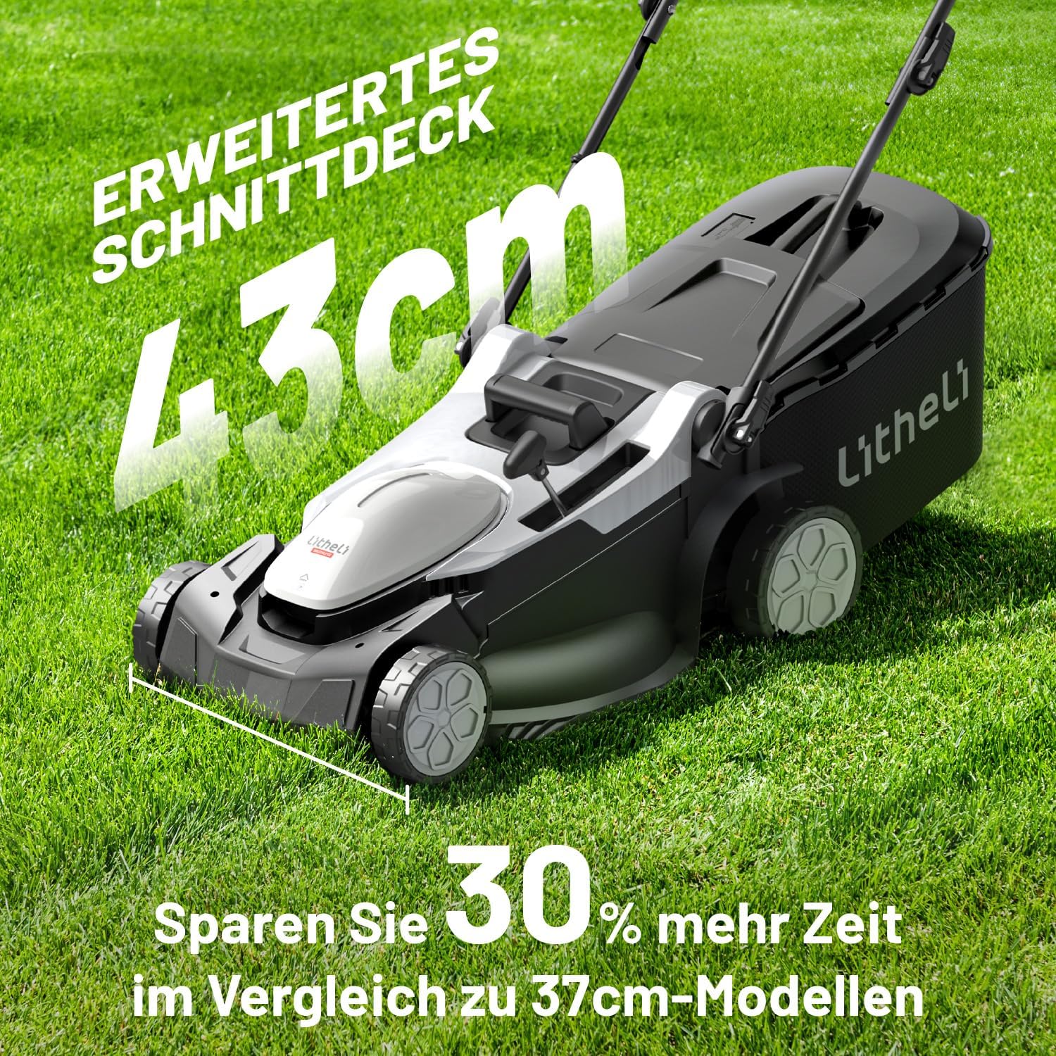 Litheli Akku Rasenmäher Selbstfahrender, 2 x 20V, 43cm Schnittbreite, bis 500 m², 40L Fangkorb, 25-75 mm Schnitthöhe, Rasenmäher Elektro inkl. 2 x 4,0 Ah Akkus