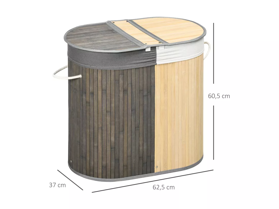 Panier à linge corbeille à linge bac à linge 100 L 2 compartiments couvercle sac amovible 2 poignées tissu bambou