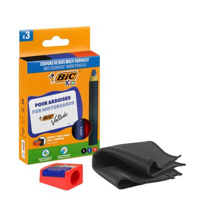BIC Kids - 3 Crayons de couleur multi-surfaces + taille-crayon + chiffon