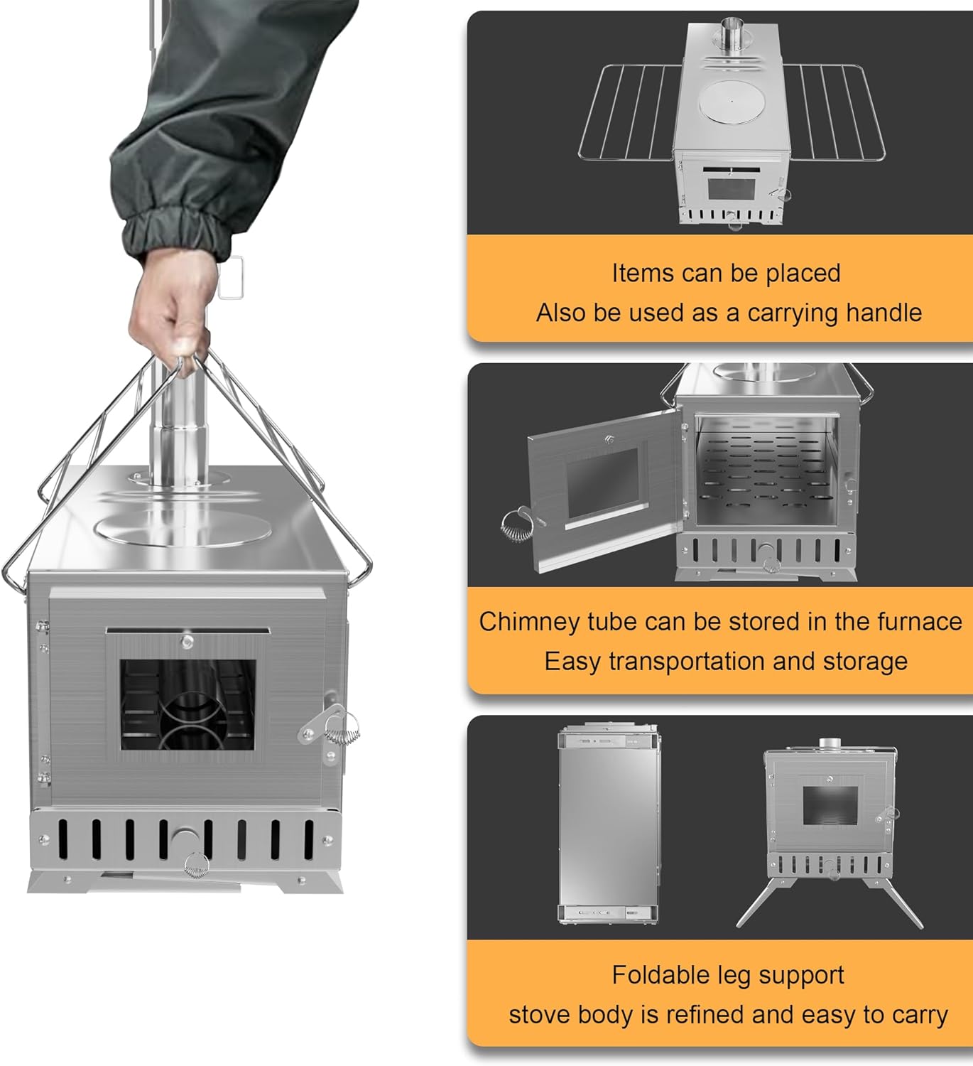 unho Zeltofen Gartenofen Tragbarer Holzofen, Campingherde Edelstahl Holzkocher mit 7 Rohren, Ideal für Camping im Zelt, Outdoor-Kochen und Gartenaktivitäten, 31 x 40 x 211 cm