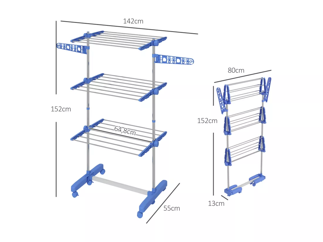 Séchoir à linge étendoir pliable ailes latérales 3 niveaux acier inox PP bleu