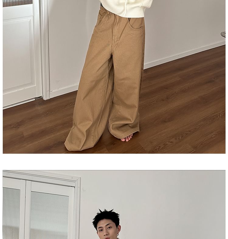 Nahagin - Low Rise Plain Washed Wide Leg Jeans