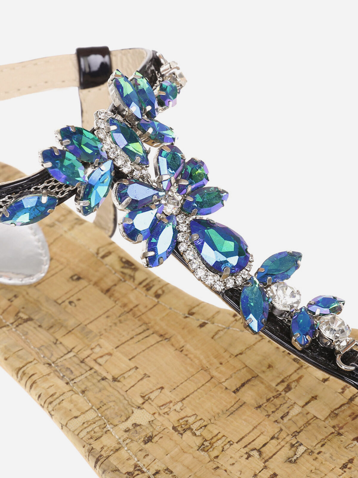 Nu-pieds avec bijoux et effet liège- Noir