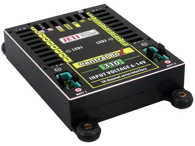 Jeti Akkuweiche Central Box 310 mit 2x Rsat2 und RCSW Umfassendes Management mehrerer Servos in einem Modell mit hohen Sicherheitsansprüchen