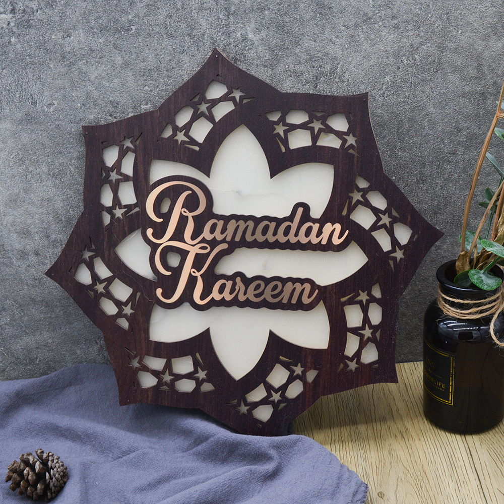 (Ø30cm) Holz Ramadan Kareem Deko Licht Eid Mubarak Accessoire Bajram Beleuchtung (Batteriebetrieben) - Warmweiss