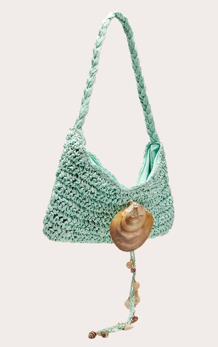Bleu Aqua Sac Porté Épaule En Raphia Avec Détail Coquillage