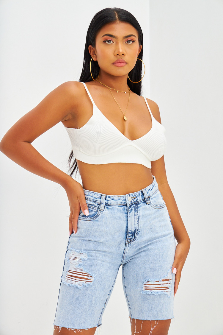 Short en jean effet déchiré bleu clair