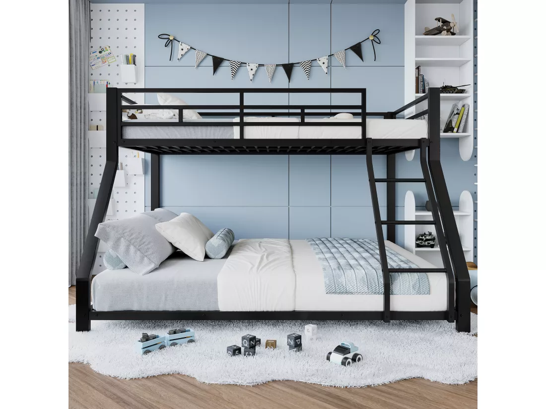 Lit superposé 90x200 + 140x200 cm - avec barrières - avec échelle de sécurité - métal - noir (sans matelas)