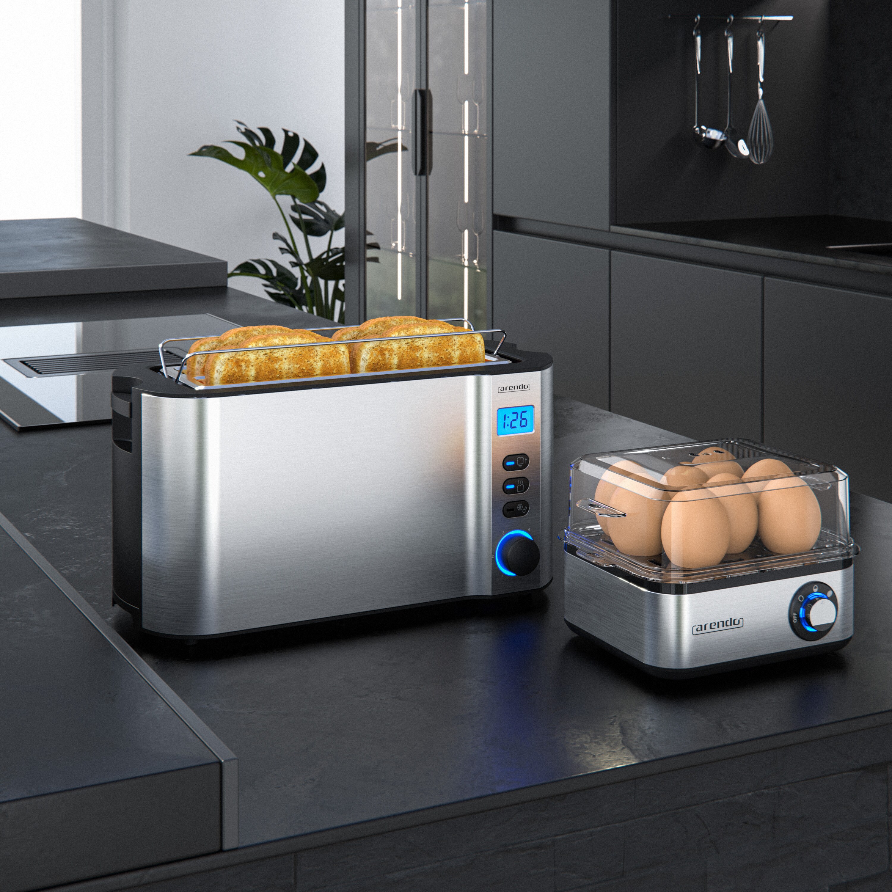 Arendo Frühstücksset 2-teilig, 4-Scheiben Langschlitztoaster, 8er Eierkocher, Silber