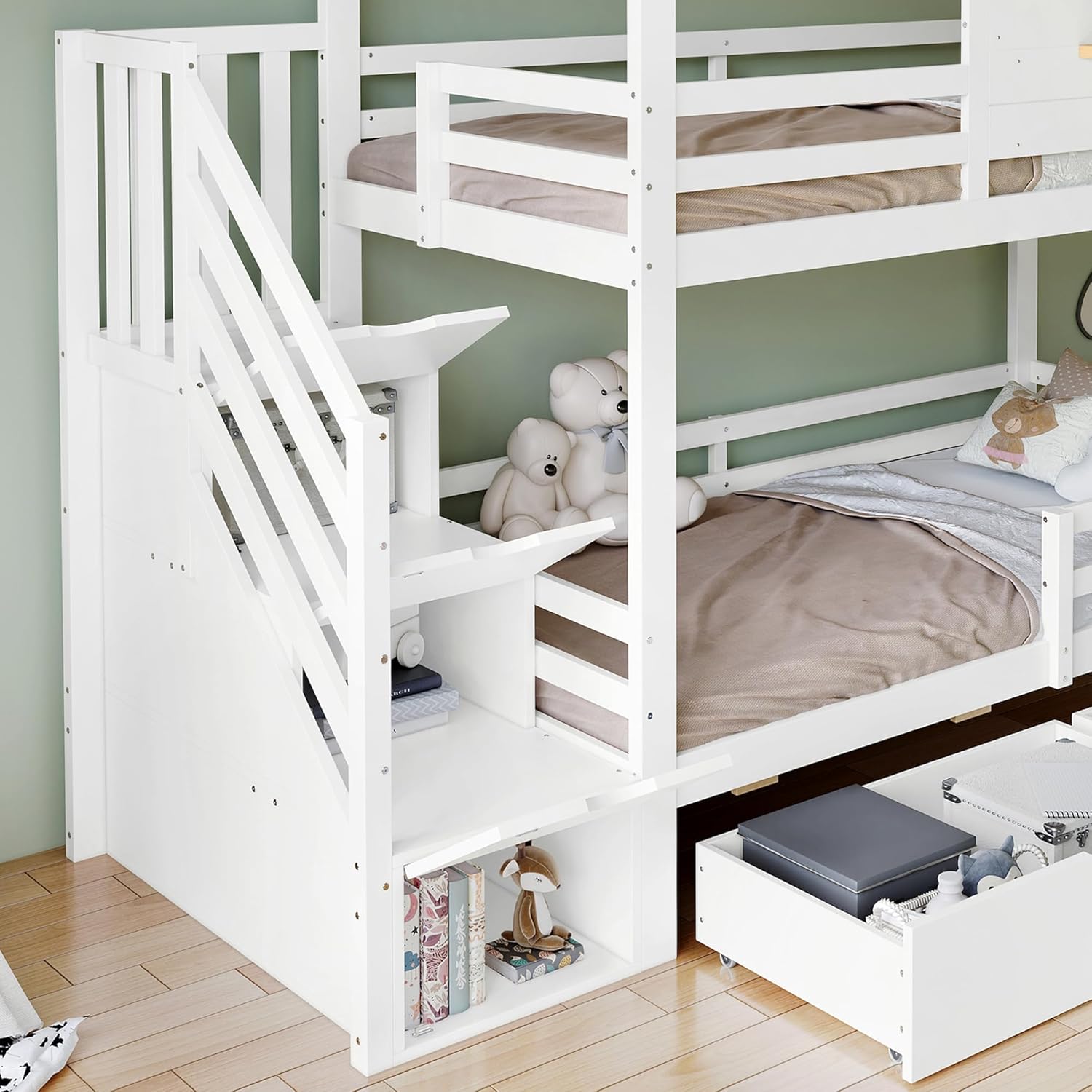 Etagenbett 90x200 cm, Kinderbett mit 2 Schubladen, Holzbett mit Aufbewahrungstreppen, Hausbett mit Dach und Fenster, Multifunktionales Stauraumbett, Weiß + Natur, ohne Matratze