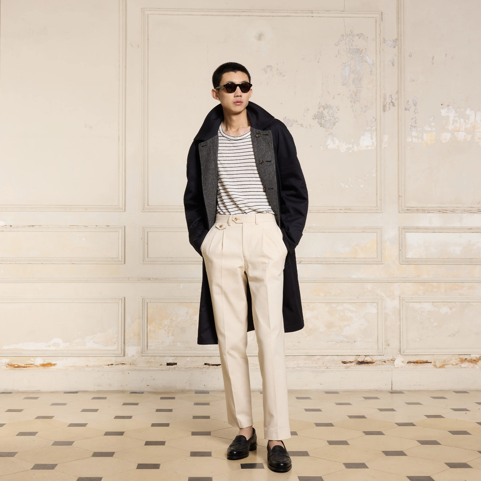 Reversible mac in water-repellent cotton and navy wool