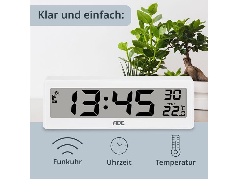 ADE Funkuhr DCF mit XXL-Ziffern digital Weiss Digitale DCF-Funkuhr mit Temperaturanzeige