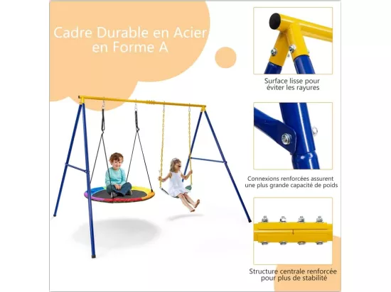 Portique avec Balançoire Nid d'Oiseau Ronde Ø100CM Balançoire Ceinture 1,2m pour Enfant Charge 300KG 2 Méthodes de Fixation